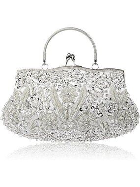 〽️Women Silver Beaded Flower Luxury Wedding Party Evening Purse Clutch Bag
